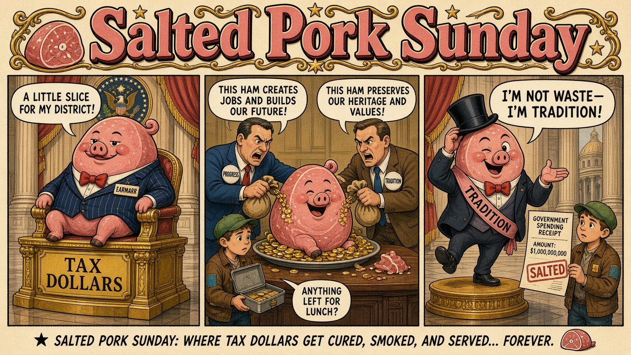 Salted Pork Sunday: the tax bill that never leaves the smokehouse. Color comic.