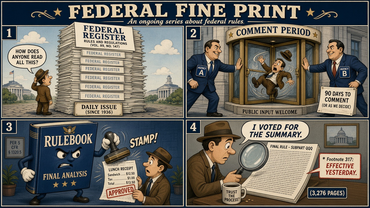 Federal Fine Print. A reader with a magnifying glass watches the type on a federal form shrink until they fall into the page. The last panel shows a tiny figure waving from a footnote that says see attachment K.