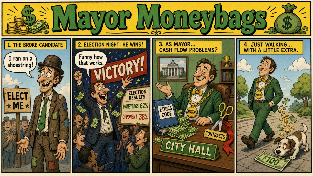 Mayor Moneybags. A top-hatted mayor counts cash at a desk while a citizen asks about the public notice. The mayor calls the charge a printing cost, then a processing fee. The citizen holds the notice, which is blank except for the mayor’s smiling face.