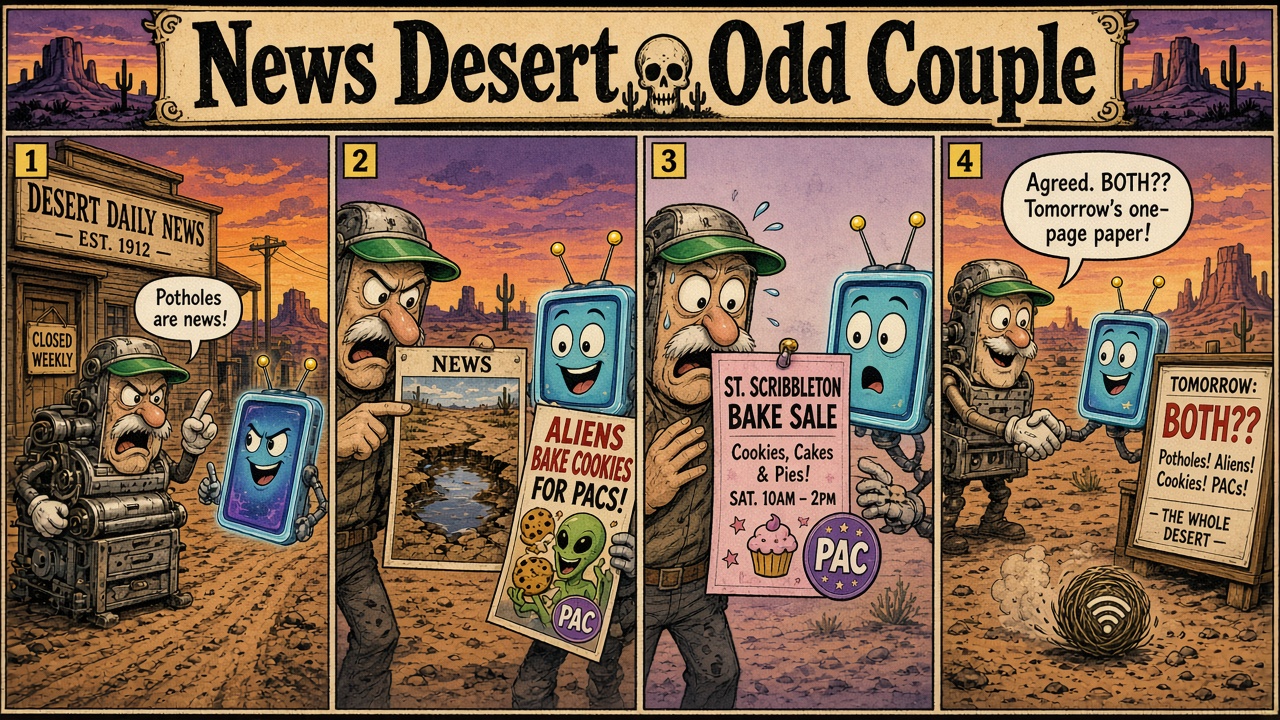 News Desert Odd Couple. Two men on a desert porch. One reads a thick gazette. The other holds a phone that says no signal. A tumbleweed rolls by. Both end up staring at one legal notice nailed to the porch post.