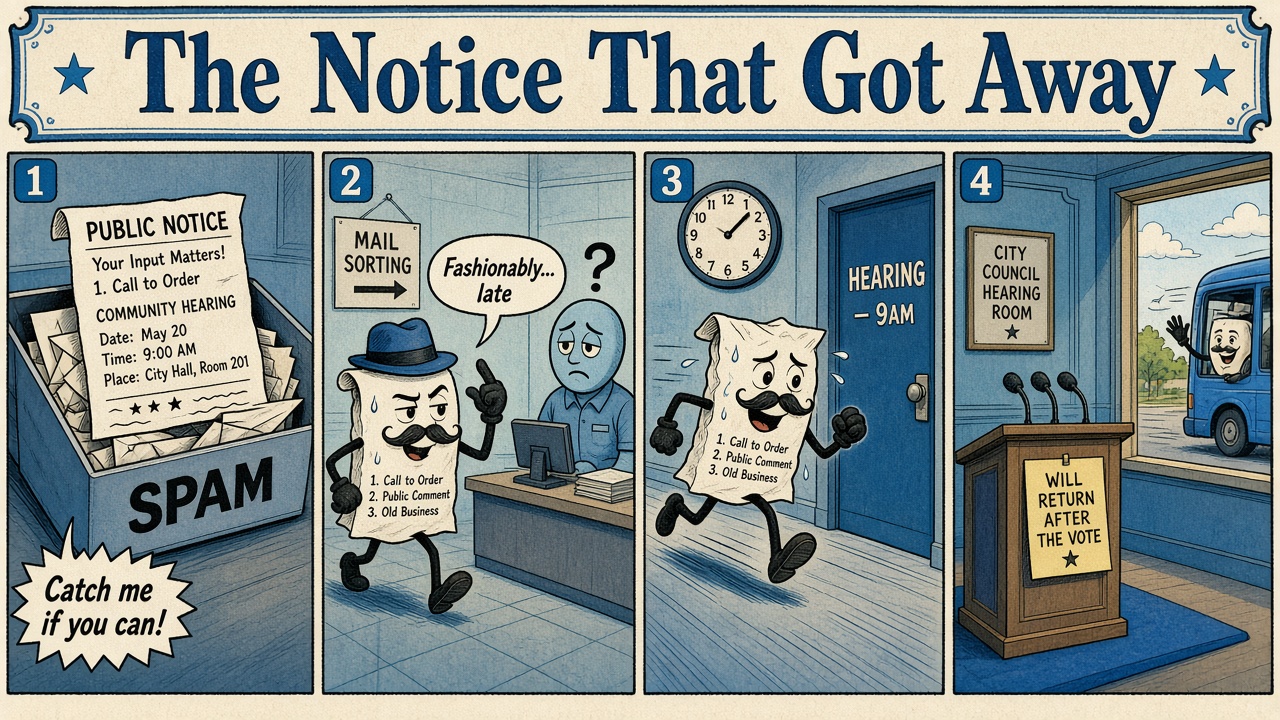 The Notice That Got Away. A clerk lets go of a paper notice and it sails out the window, over a river, past a billboard, and into a canyon. The last panel shows the notice as a speck, with the line that it was published.