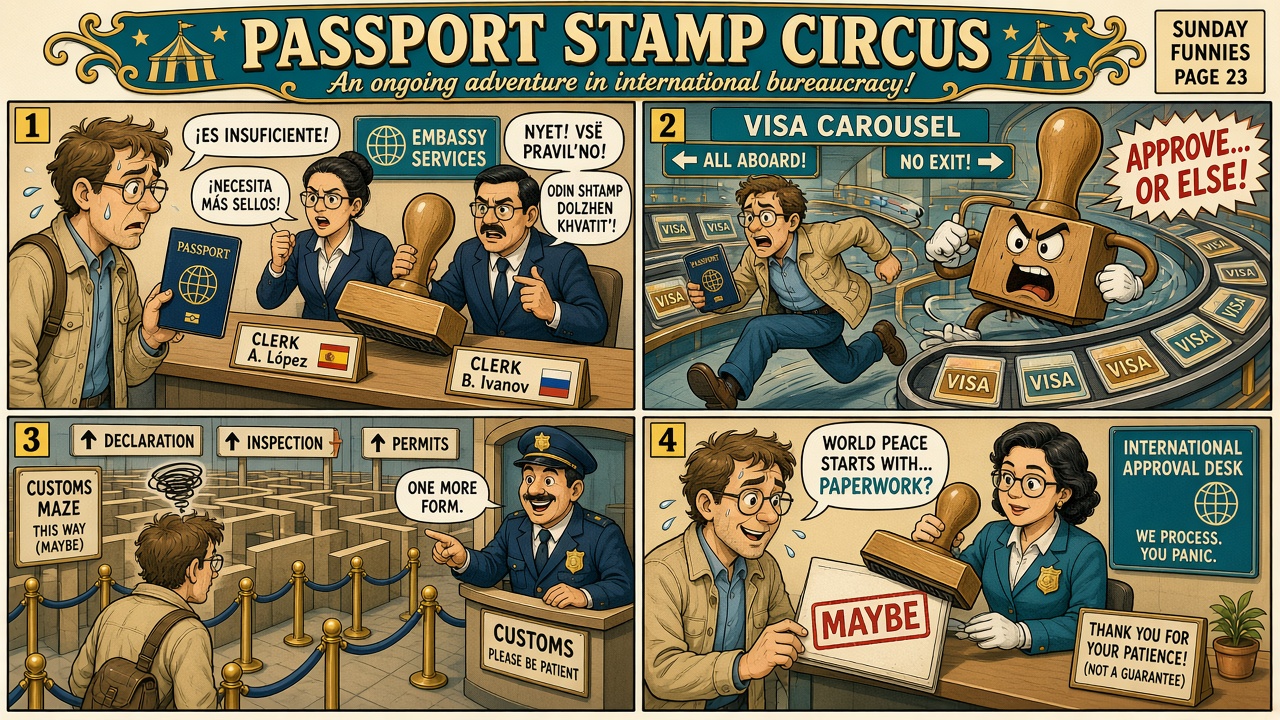 Passport Stamp Circus. A customs stamp prints a tiny circus tent in a passport. The page fills with tents, elephants, and a ringmaster. An officer says the stamps are official. The traveler ends up buried in passport pages while a small circus band plays.