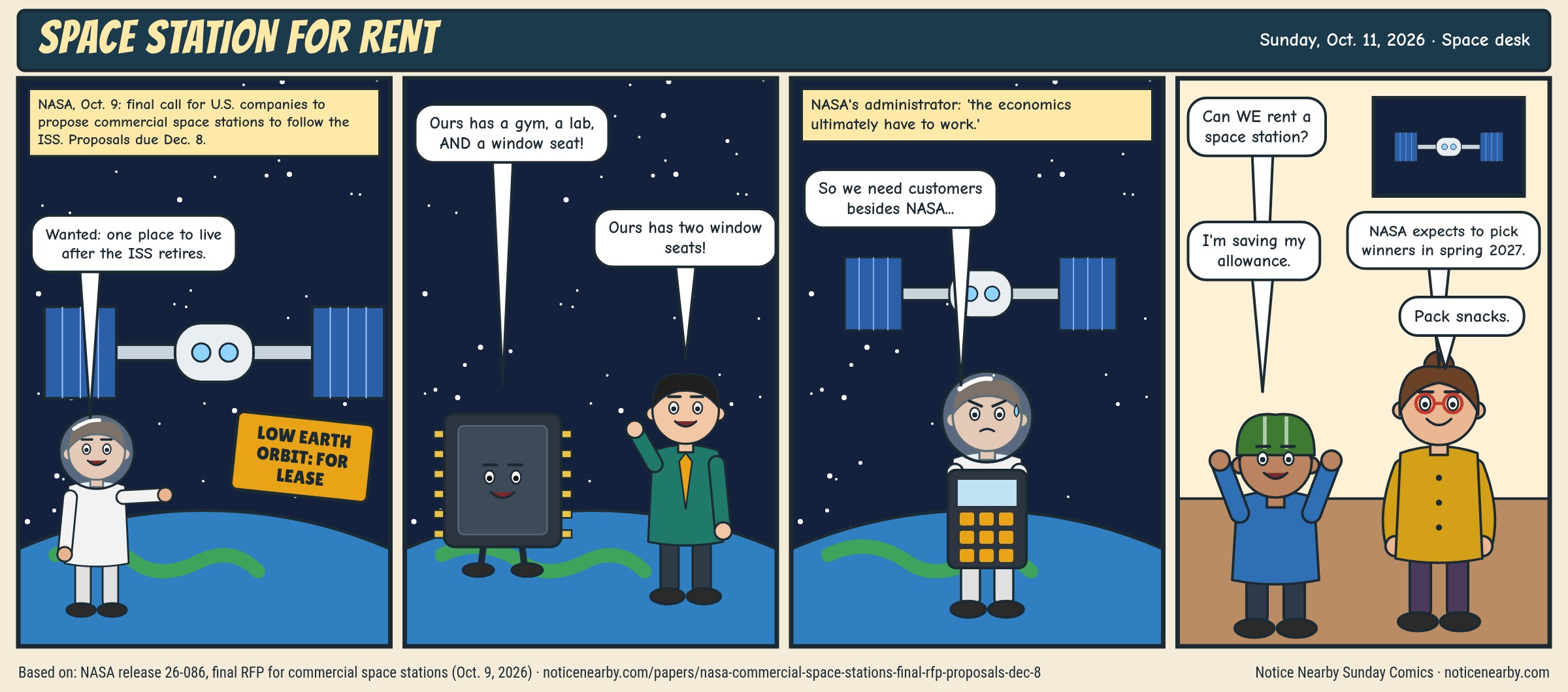 Four-panel full-color comic. An astronaut beside a 'Low Earth orbit: for lease' sign looks for a place to live after the ISS retires, as NASA's final call for commercial space station proposals sets a Dec. 8 deadline. Bidders brag about window seats, NASA's administrator says 'the economics ultimately have to work,' and NASA expects to pick winners in spring 2027.